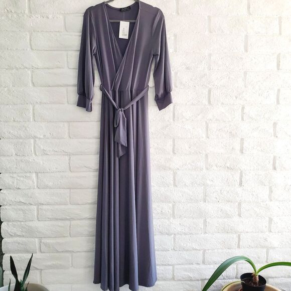 Brigitte Brianna Grey Wrap Maxi Dress Modest Spandex Comfy Long Boho Dress SZ L - Picture 2 of 12